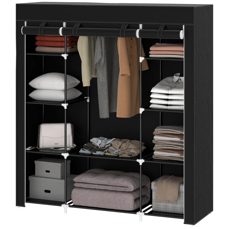 Portable Foldable Fabric Wardrobe Clothes Storage Organizer with Hanging Rail and Shelves Black