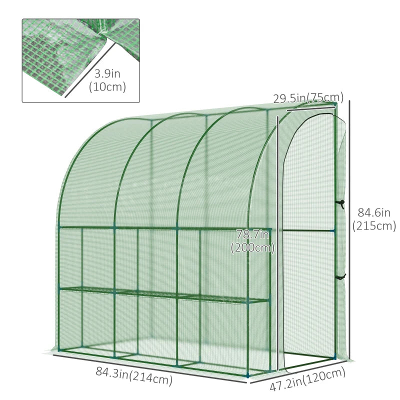 Green Walk-In Wall Tunnel Greenhouse with Zipped Door - 214x120x215cm