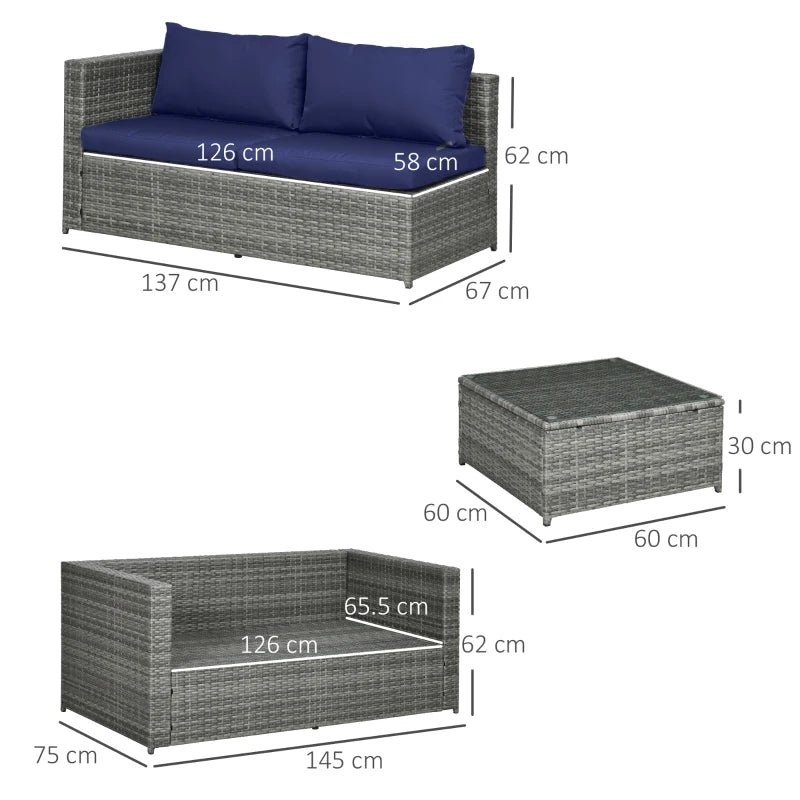 3 Piece Rattan Garden Furniture Set with Thick Cushions and Glass Top Coffee Table