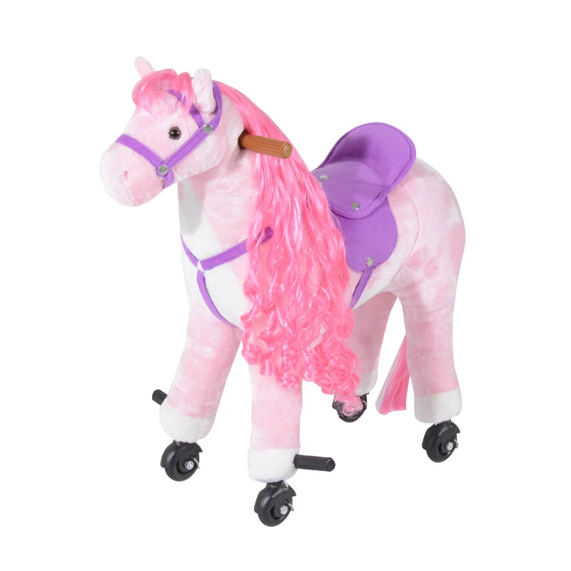 Plush Walking Horse Ride-On Toy with Wheels & Sounds - 50cm Pink Rocking Horse for Kids 2+ Years