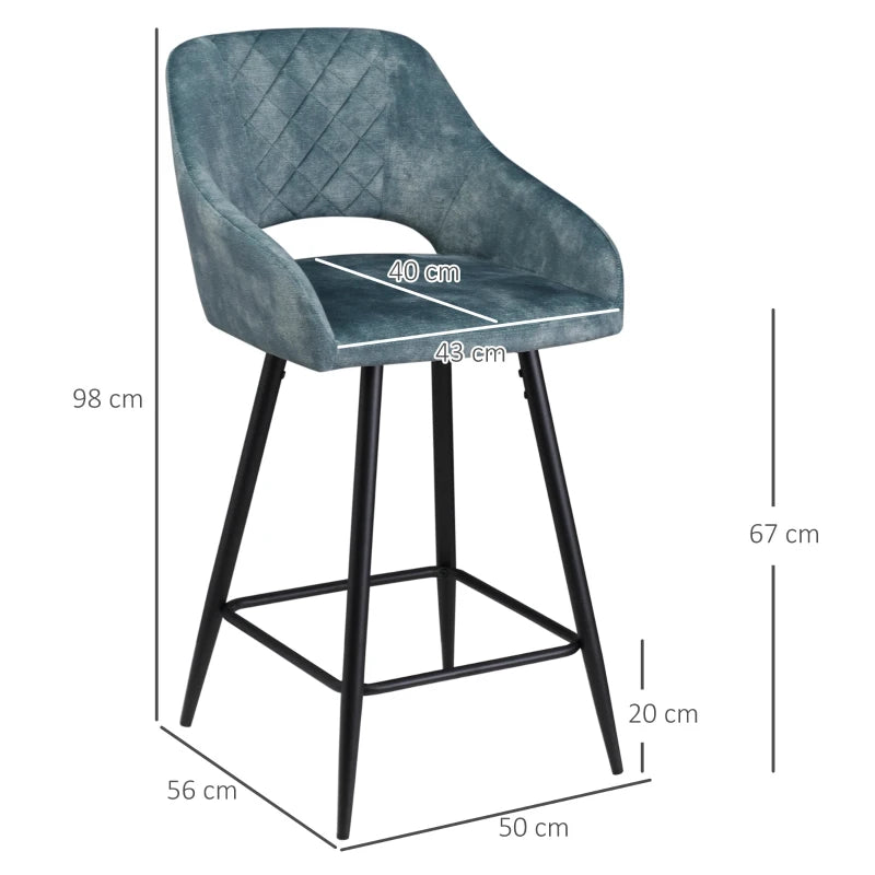 Set of 2 Velvet Bar Stools - Counter Height Kitchen Chairs with Steel Legs - Blue Fabric Dining Area Barstools