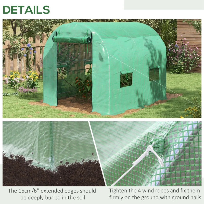 Green Walk-In Garden Greenhouse with Steel Frame, PE Cover, Roll-Up Door, 4 Windows - 2.5 x 2m