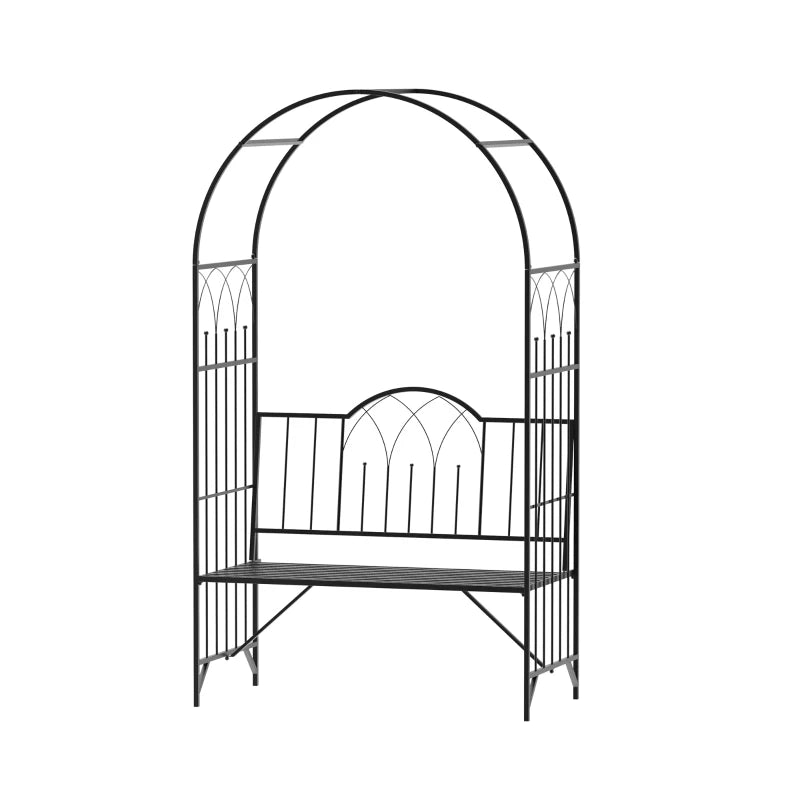 Black Metal Garden Arch Bench with Rose Trellis - Outdoor 2-Seater Arbour Pergola