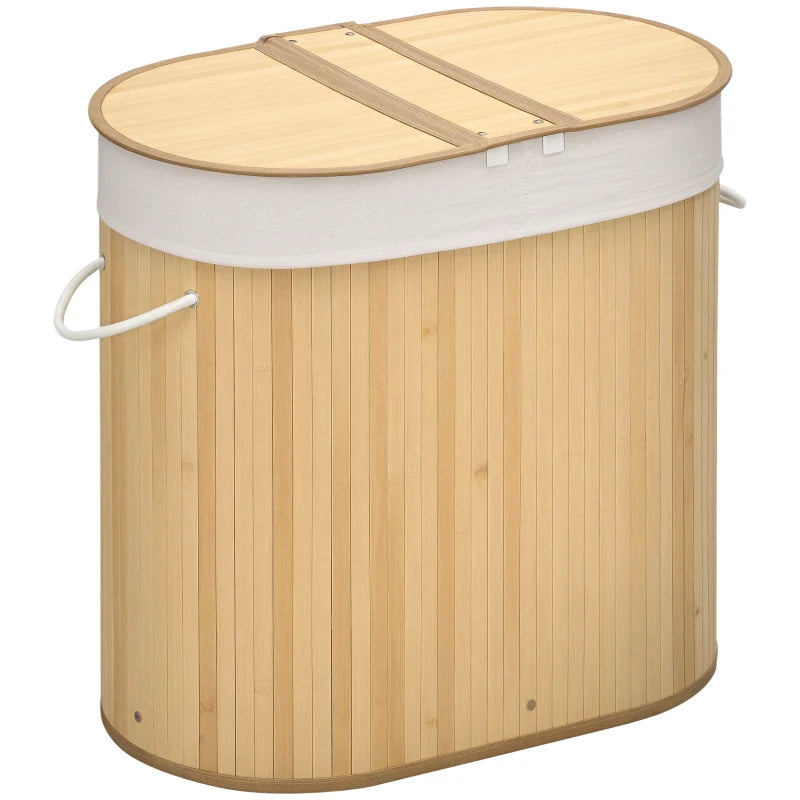 Natural Bamboo Laundry Basket with Lid - 100L Hamper, 2 Sections, Removable Washable Lining, 62.5x37x60.5cm