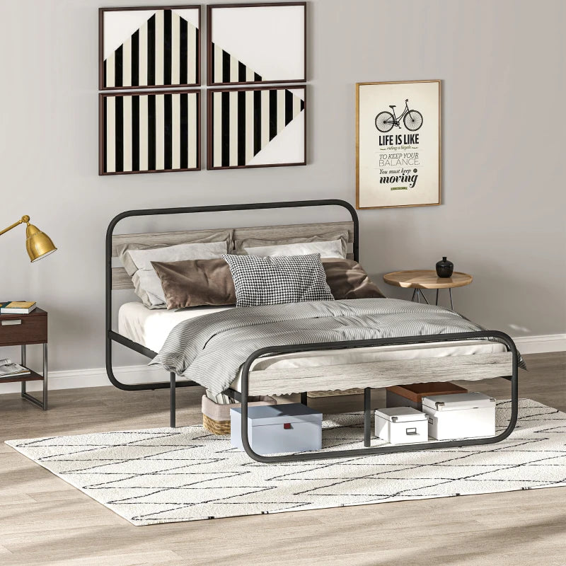Industrial Style 4ft6 Double Bed Frame - Metal Platform with Under Bed Storage, No Box Spring Required, Easy Assembly, Grey