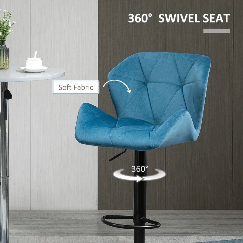 Luxurious Velvet Bar Stools Set of 2 - Adjustable Height Swivel with Metal Frame, Round Base, Blue Triangle Design