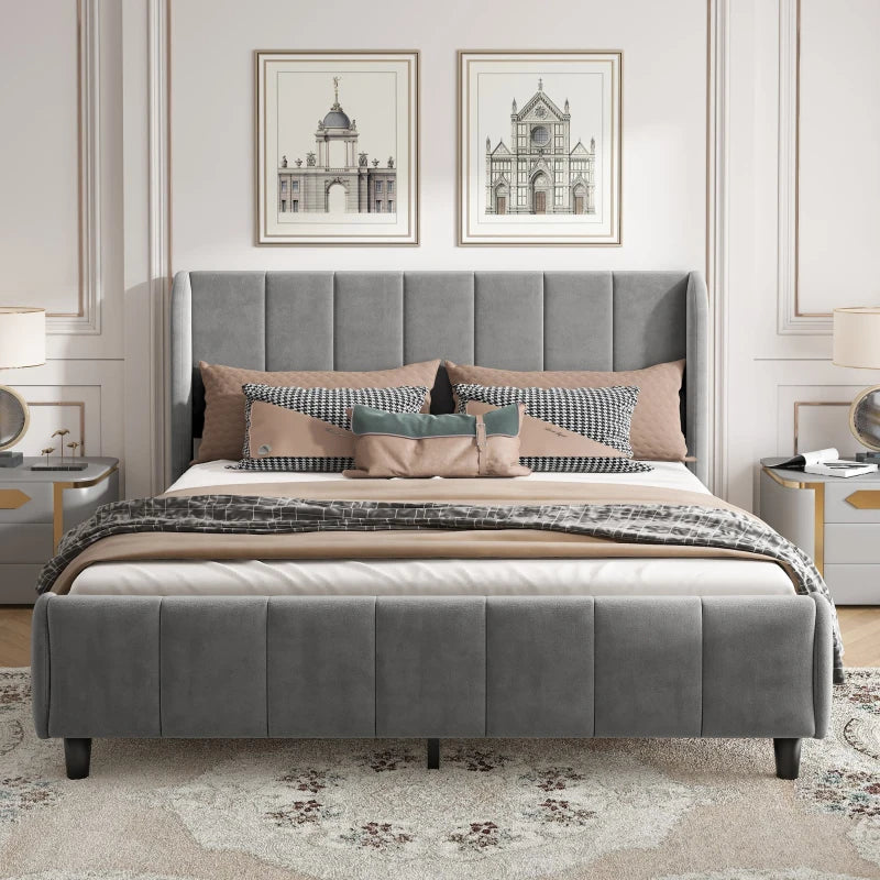 Double Upholstered Bed with Soft Backrest - Vertical Stripe Design, Metal Frame, Gray - 202L x 149W x 103H cm