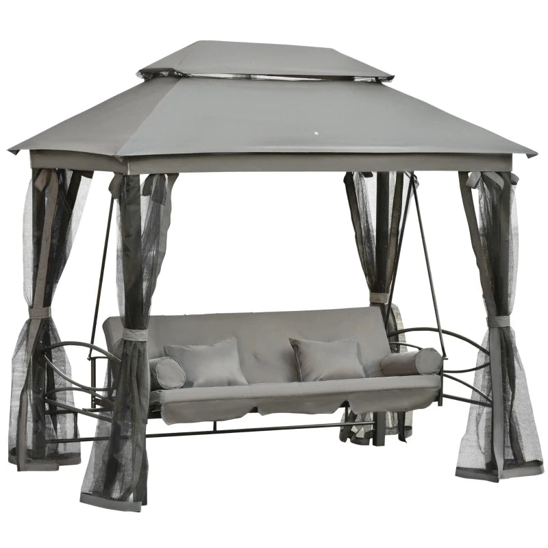 Grey 3-Seater Convertible Garden Swing Bed with Canopy