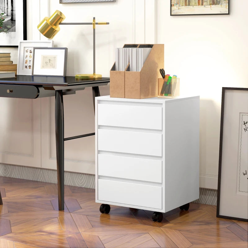 White Four-Drawer Office Filing Cabinet on Wheels - Mobile Storage Solution for Home & Office Organization