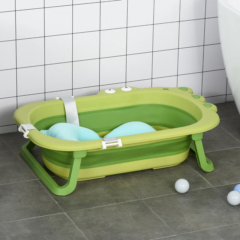 Ergonomic Foldable Baby Bath Tub for Toddlers & Infants 0-3 Years - Non-Slip Portable Design with Baby Cushion - Green