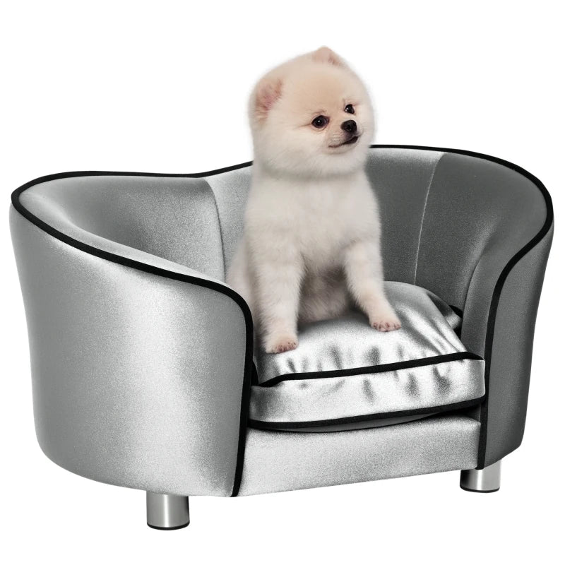 Stylish Dog Sofa Pet Chair with Wooden Frame, Removable Cushion - Grey & Silver-Tone Kitten Bed Couch