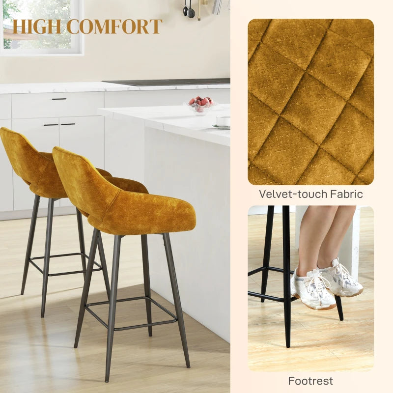 Set of 2 Brown Velvet-Feel Bar Stools - Stylish Modern Seating for Kitchen Island or Home Bar