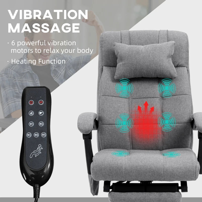 Vinsetto Grey Office Chair with 6-Point Vibration Massage & Heat, Adjustable Height, Head Pillow & Footrest for Home Comfort