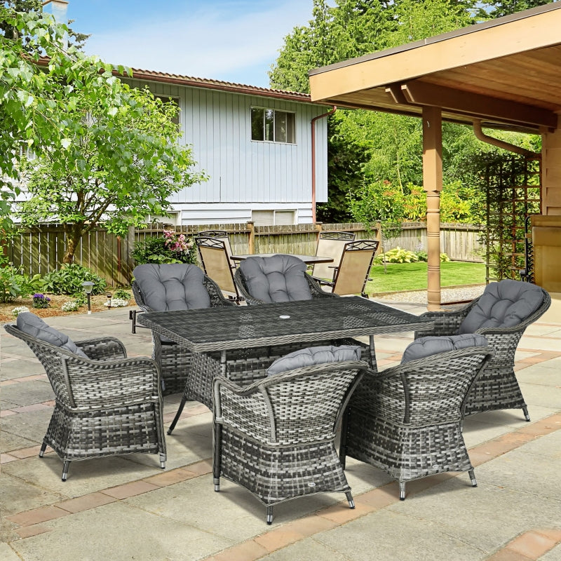 7-Piece Grey Rattan Outdoor Dining Set with Glass Table & Umbrella Hole