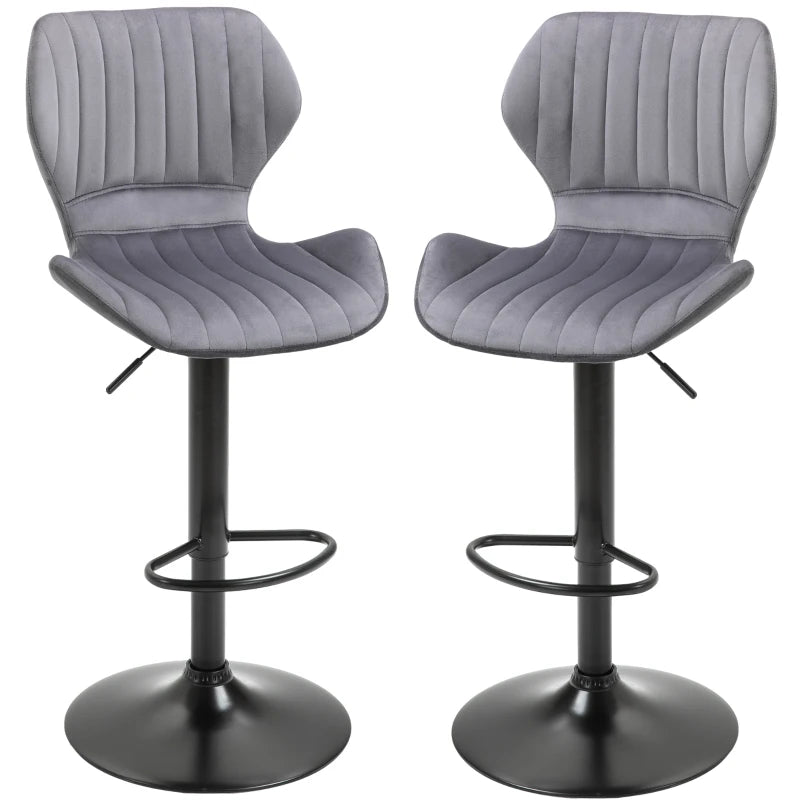 Stylish Grey Velvet Bar Stool Set of 2 - Adjustable Height Swivel Counter Chairs with Footrest for Modern Home Decor