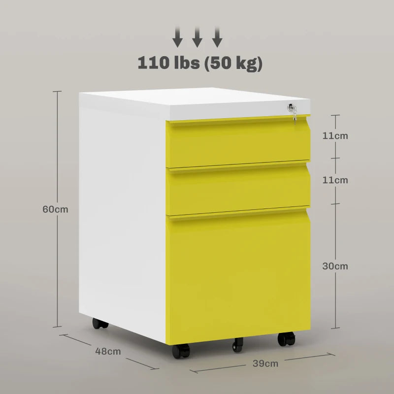 Vinsetto Mobile Metal File Cabinet - 3 Drawer Anti-Tilt Design for Letter, A4, Legal Size - Stylish Yellow