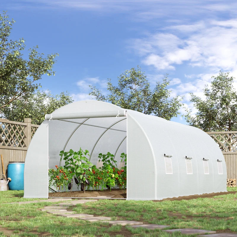 Green Walk-In Polytunnel Greenhouse, Metal Frame, Zippered Door, 8 Windows - White