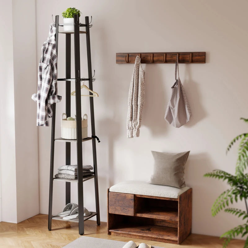 Industrial-Style Four Shelf Coat Stand - Modern Grey and Black Entryway Organizer for Coats, Hats, and Accessories