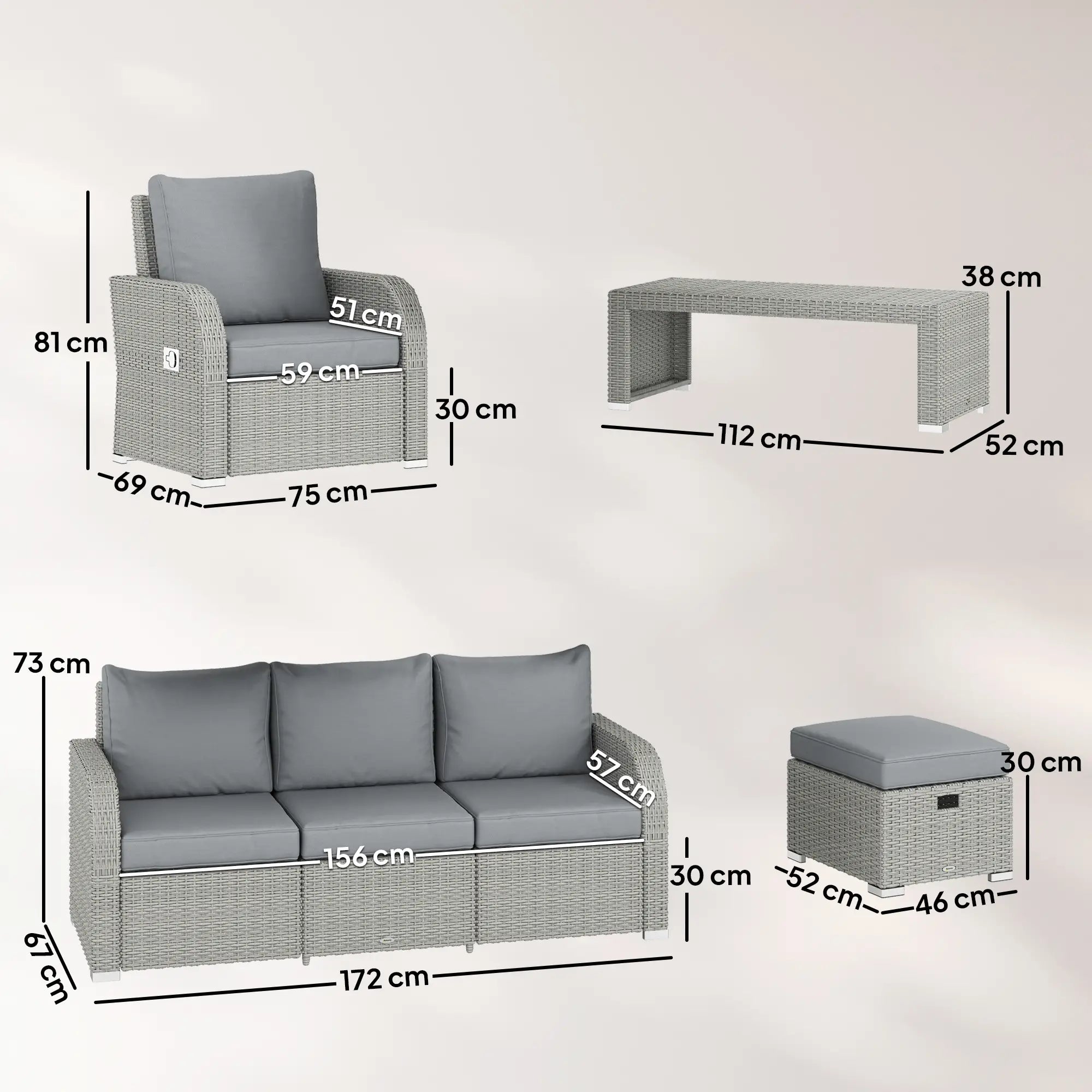 Dark Grey 6-Piece Rattan Garden Lounge Set with Reclining Armchairs, Hidden Footstools & Coffee Table