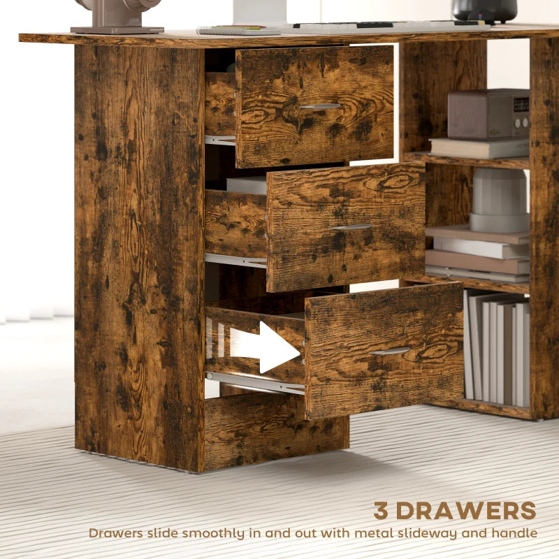 Rustic Brown Computer Desk with 3 Storage Shelves & Drawers, Stylish Writing Table for Home Office, Silver Handle PC Workstation