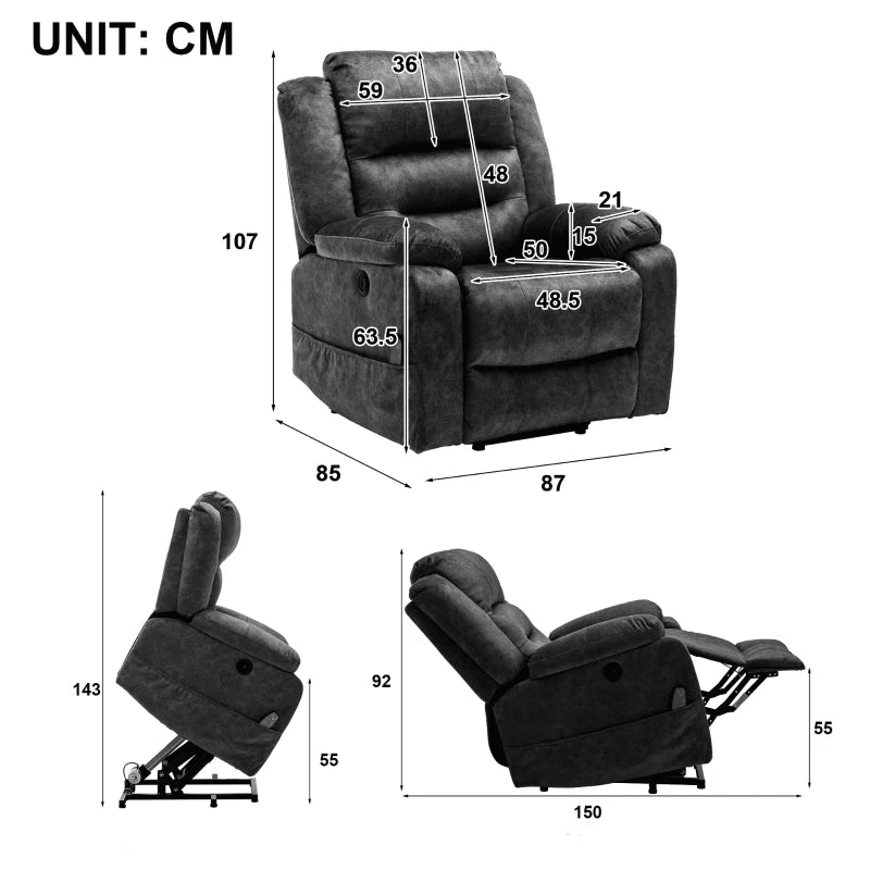Electric Recliner Chair with Massage and Heating for Elderly, Grey Power Lift Armchair, 87x85x107 cm