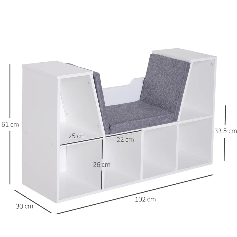 Stylish White Bookcase Storage Shelf with Cushioned Reading Seat - Cube Bookshelf Organizer for Bedroom & Living Room