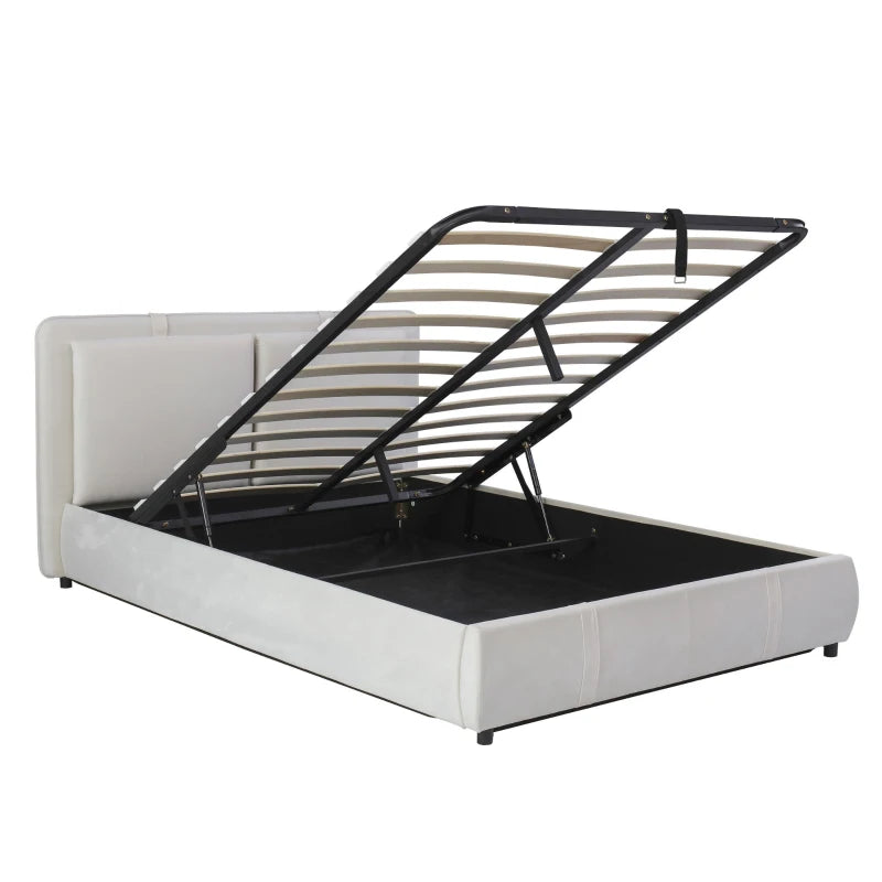 Upholstered Double Bed with Hydraulic Storage & Headboard - Full-Size Beige Bed for Bedding Storage, 210x159x90 cm