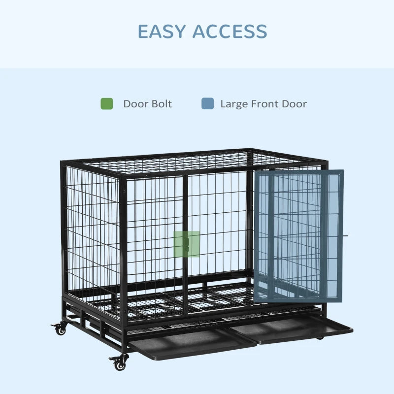 43" Heavy Duty Metal Dog Crate with Tray & Wheels - Large Black Pet Kennel for Dogs