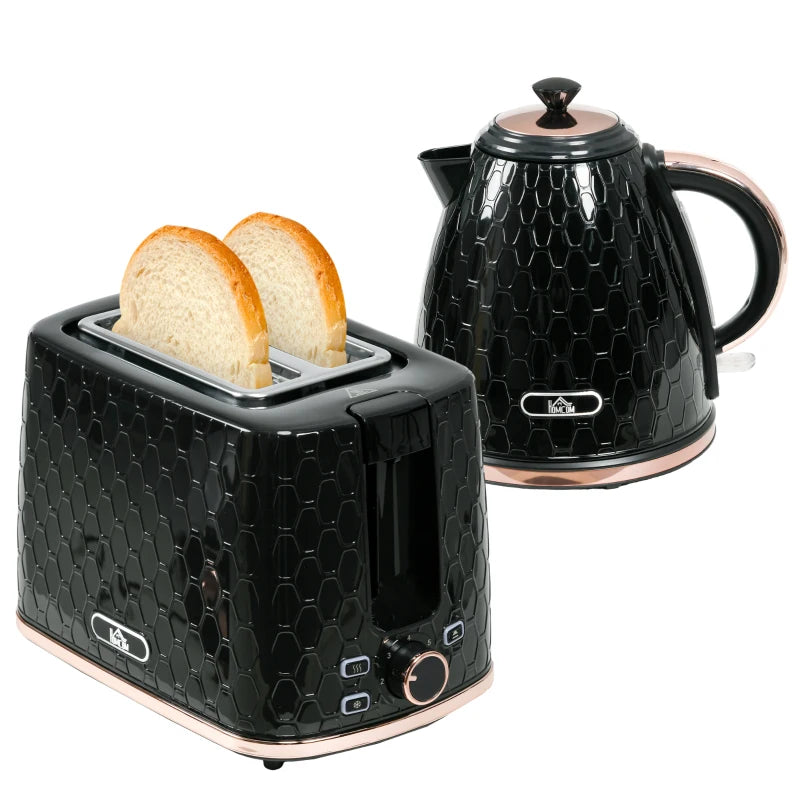 1.7L 3000W Fast Boil Kettle & 2 Slice Toaster Set - Auto Shut Off, Browning Controls, Black Kitchen Essentials