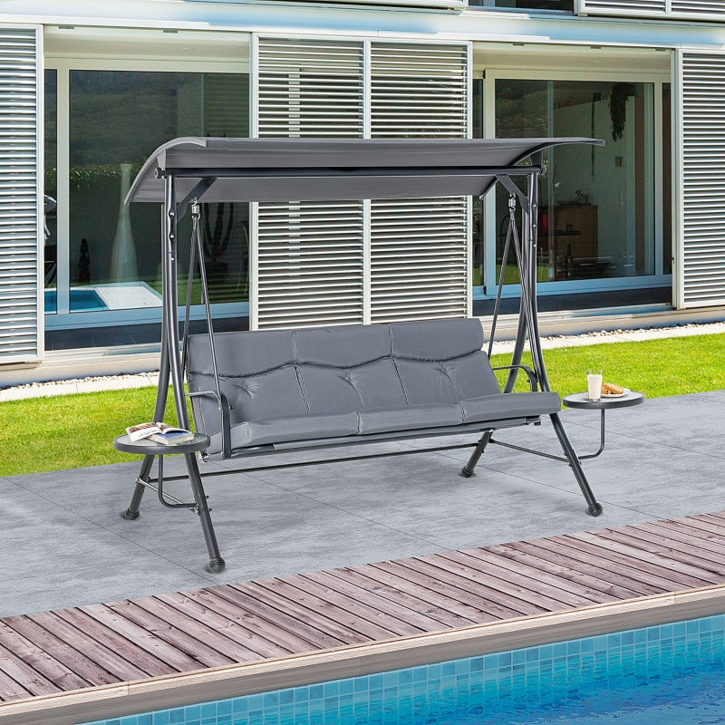 Grey 3-Seater Garden Swing Chair with Adjustable Canopy, Cushion, and Coffee Tables