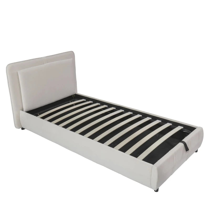 Upholstered Hydraulic Storage Bed with Removable Velvet Headboard - Beige, 210x110x90 cm, Stylish & Functional Bedroom Furniture
