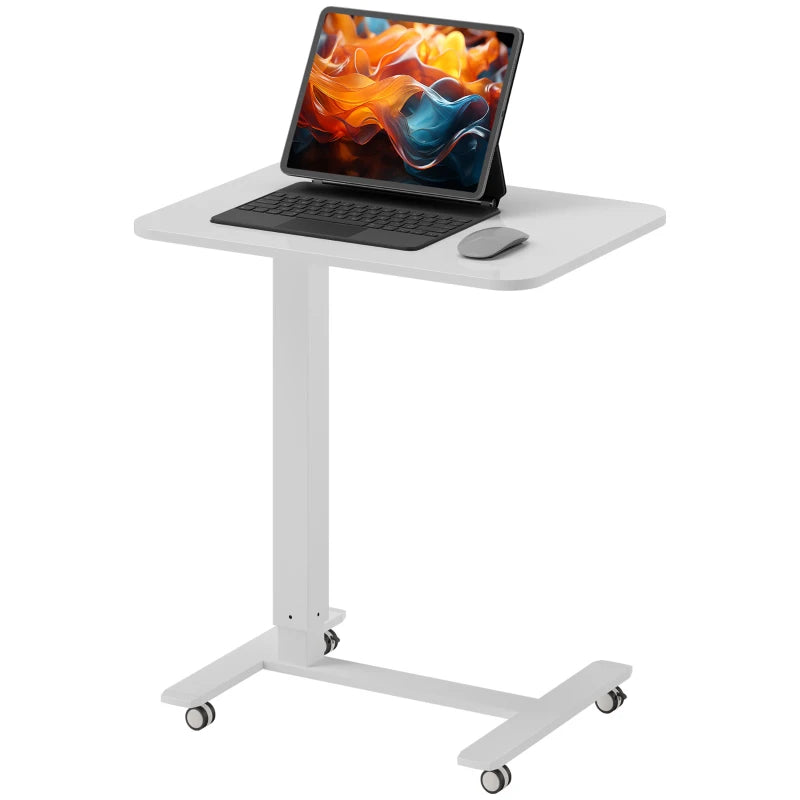 Height Adjustable Pneumatic Standing Desk - Mobile Overbed Table with Wheels for Home Office & Laptop - White Finish