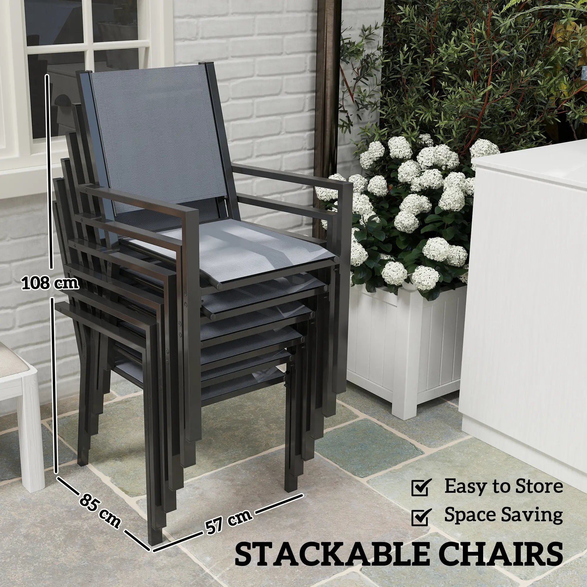 7 Piece Garden Dining Set With 6 Stackable Chairs and 150cm Rectangular Table + WPC Slatted Top