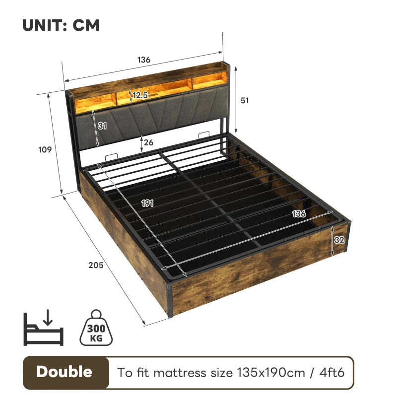 Double Bed Frame with RGB LED Headboard & Charging Station, Hydraulic Storage, Linen Fabric, Black & Walnut, 205x136x109 cm