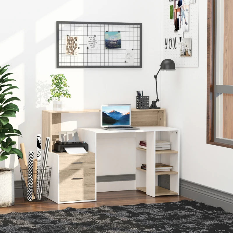 Large Oak Computer Desk with Drawers & Storage Shelves - Office Writing Table & Printer Stand for Home Office, 137x55x92cm
