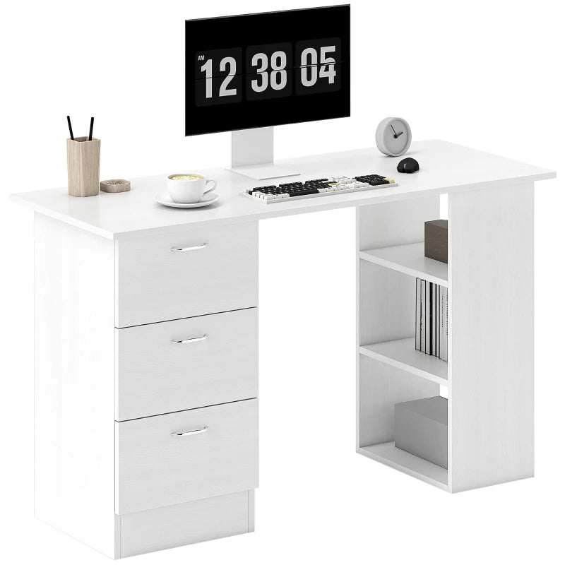 Modern White Computer Desk with 3 Storage Shelves & Drawers, Stylish Writing Table for Home Office, Silver Handle