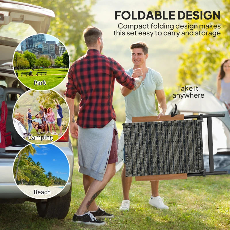 Folding Rattan Garden Dining Chair - 5-Level Reclining High Back, Wood Armrests, Outdoor Patio Furniture - Mixed Grey
