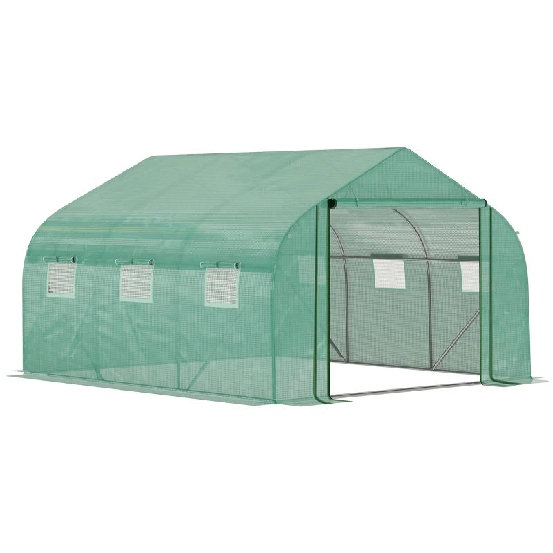 Green Walk-in Garden Greenhouse with Mesh Door, PE Cover, 6 Windows - 3.5 x 3 x 2m