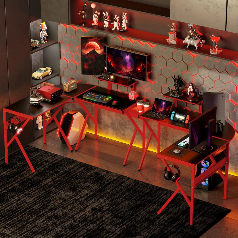 L-Shaped Gaming Desk for Home Office - Adjustable Monitor Stand, Cup Holder & Headphone Hook - 125x125x75cm, Red