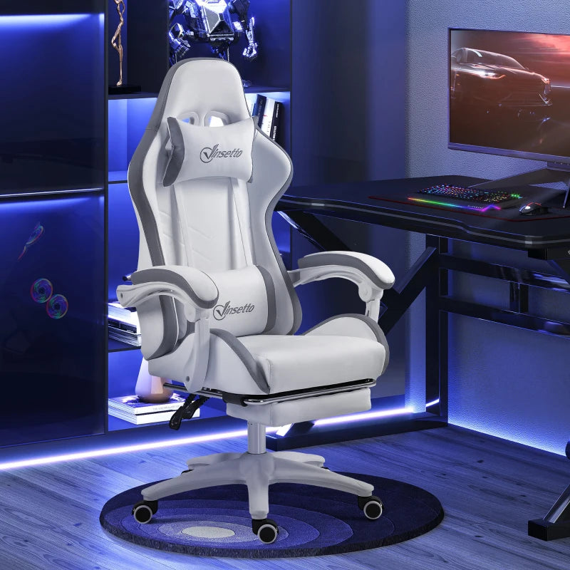 Vinsetto Gaming Chair with Footrest - PU Leather Swivel Desk Chair, 135° Recline, Lumbar Support, White & Grey