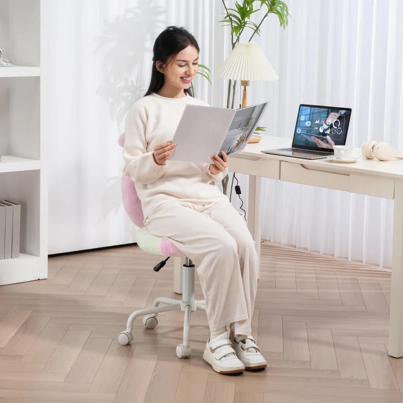 Fuzzy Bunny Ears Office Chair - Faux Fur Swivel Desk Chair, Armless Makeup Vanity Chair, Adjustable Height for Bedroom & Study