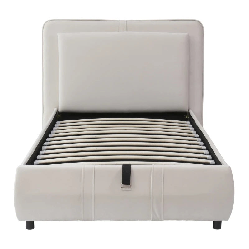 Upholstered Hydraulic Storage Bed with Removable Velvet Headboard - Beige, 210x110x90 cm, Stylish & Functional Bedroom Furniture