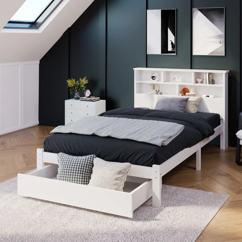 Modern 3ft Single Bed with Drawers - Stylish White Pinwood Design for Aesthetic & Practical Bedroom Storage