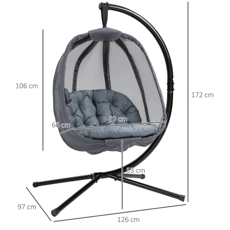 Grey Hanging Egg Chair with Side Pocket and Stand