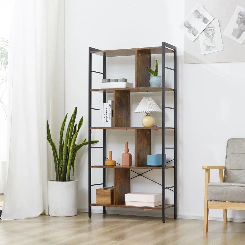 Industrial 5-Tier Storage Unit Bookcase with Open Compartments - Rustic Brown & Black for Office, Living Room, Bedroom