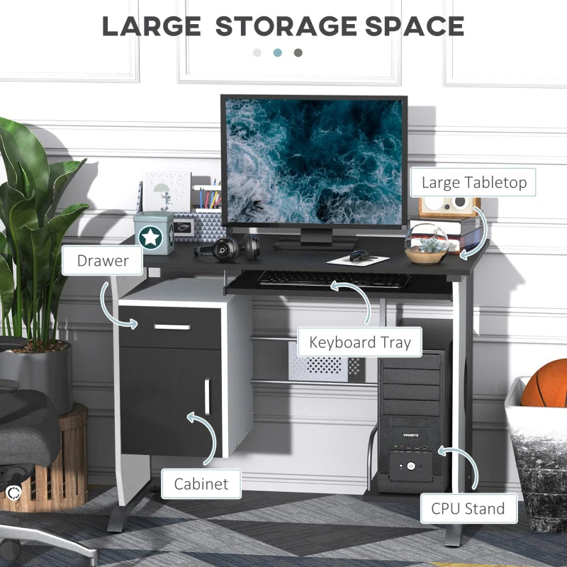 Black Computer Desk with Sliding Keyboard Tray, Storage Drawers & Host Box Shelf - Home Office Study Workstation 100x52x75cm