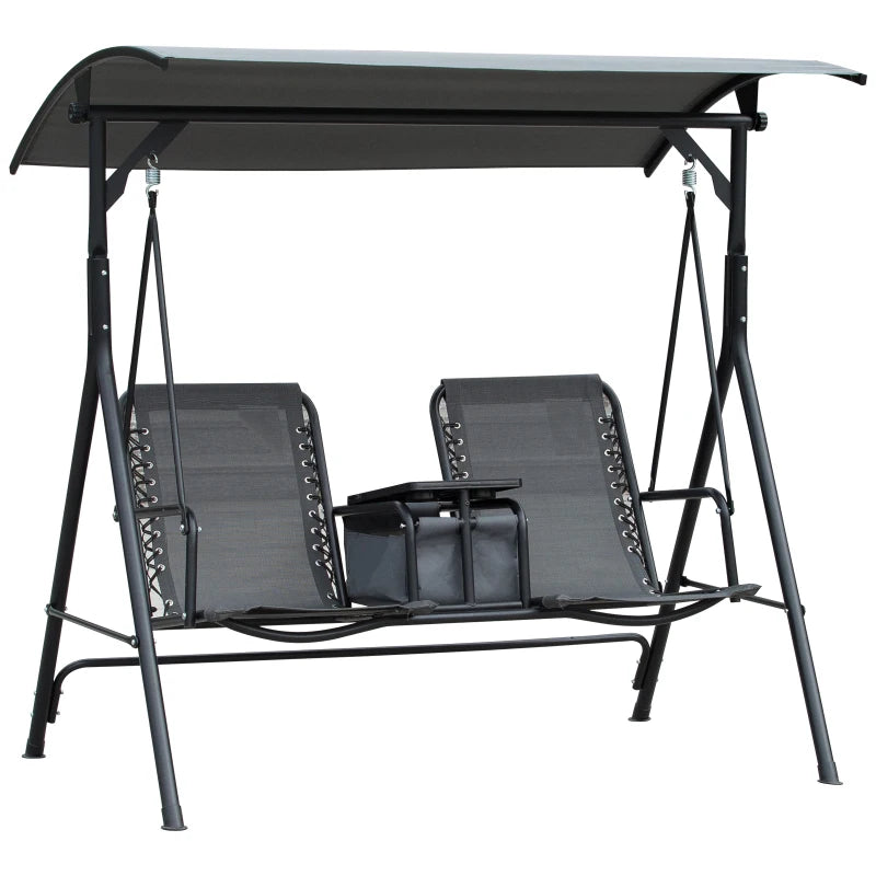 Grey 2-Seat Swing Chair with Adjustable Canopy and Middle Table