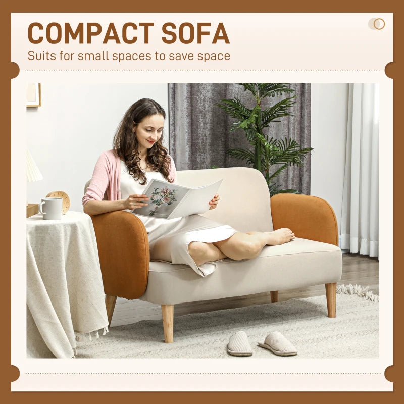 Mid Century Velvet-Feel Two-Seater Sofa in Cream and Orange for Stylish Living Rooms