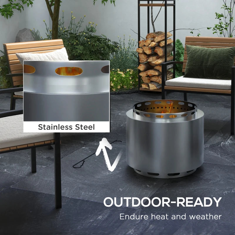 Portable Smokeless Fire Pit - 48.5cm Stainless Steel Wood Burning Firepit with Poker for Garden, Camping & Bonfire Parties