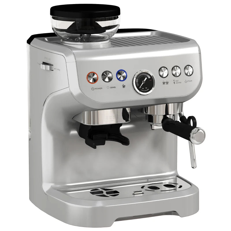 15 Bar Silver Coffee Machine with Adjustable Grind, Steamer & Accessories - Perfect for Espresso Lovers